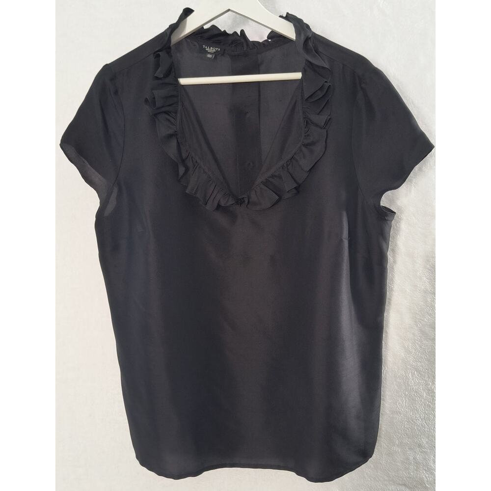 Talbots Silk Button Back Top Women's Sz12W Black V-Neck Ruffled Short Sleeve - Picture 12 of 16